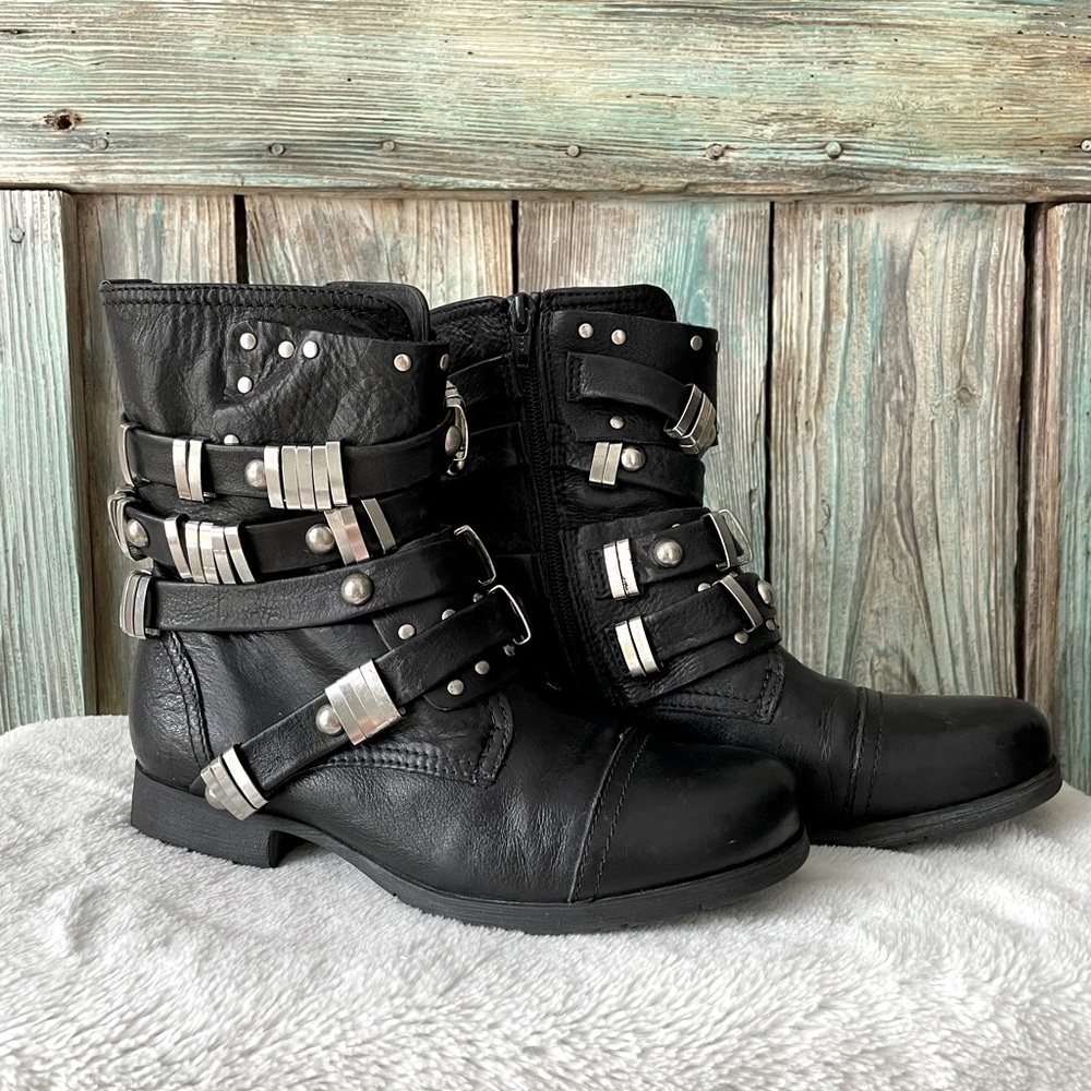 Aldo black leather boots with silver buckles 71/2